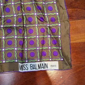 Vintage Balmain Purple and Green Patterned Silk Scarf